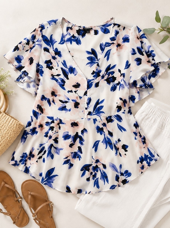 torrid Tops - TORRID Floral V-Neck Ruffle Sleeve Blouse - Blue & Blush